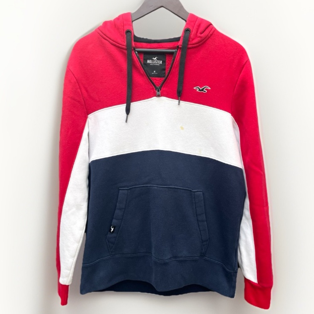 Hollister Men’s Quarter Zip Colorblock Hoodie Red White Navy Size Medium FLAW